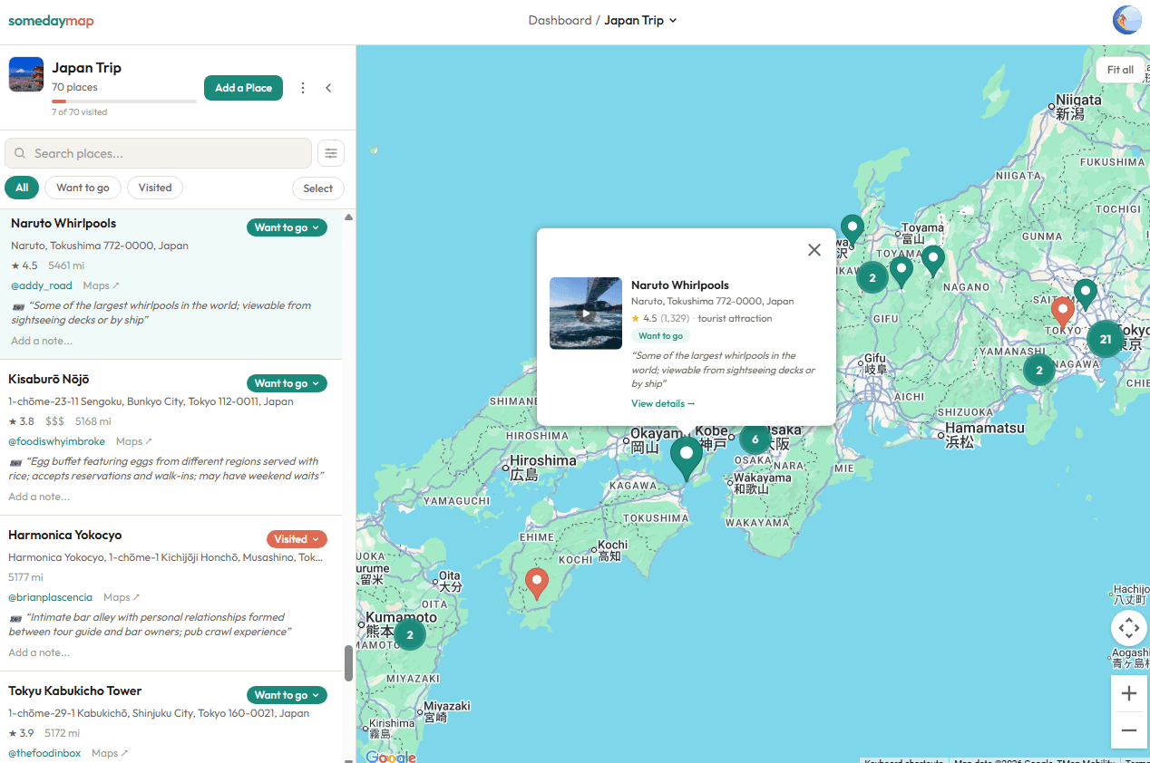 Someday Map collection view showing a Japan trip with 71 saved places on an interactive map