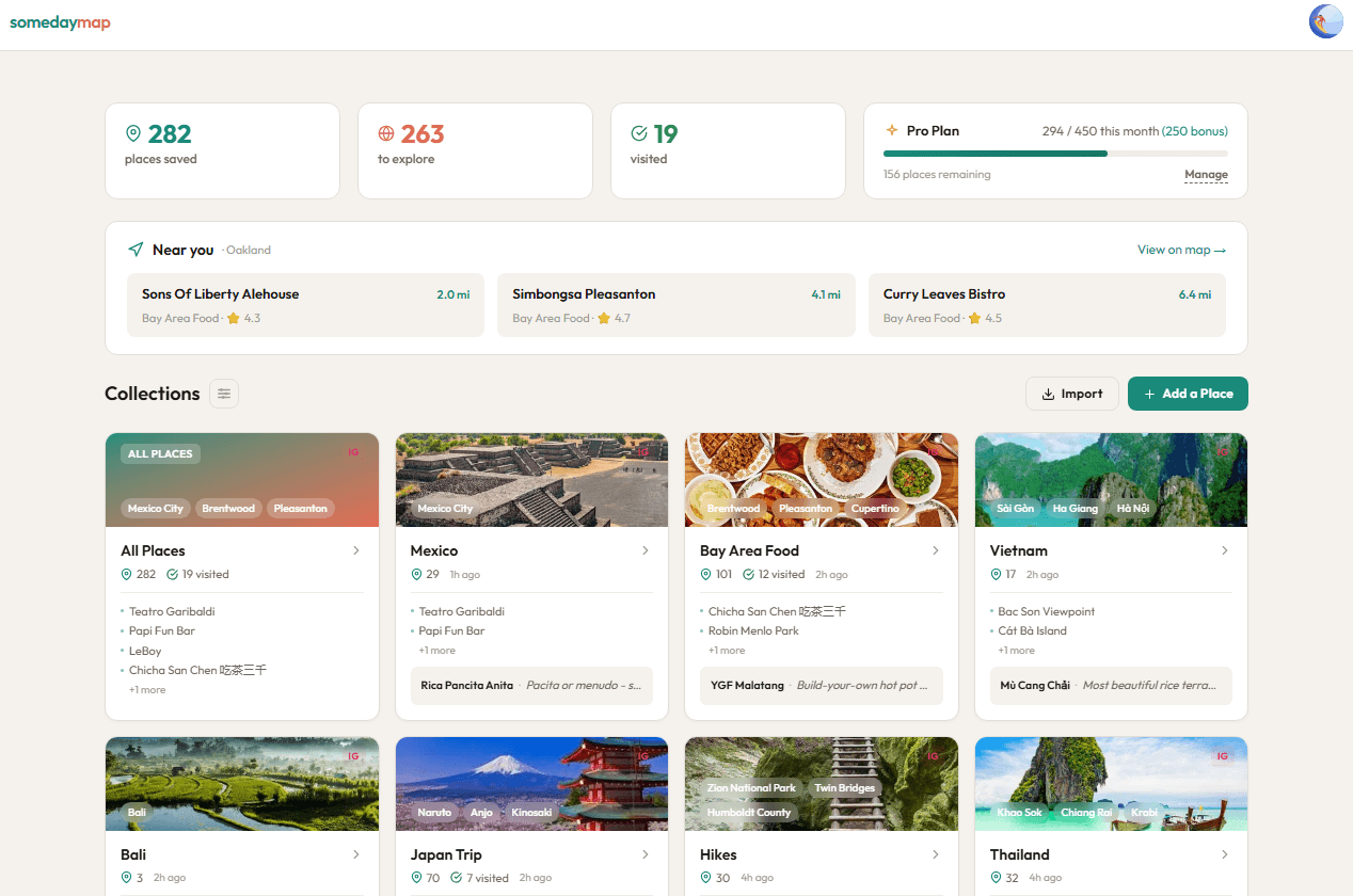 Someday Map dashboard showing collections, stats, and recently added places