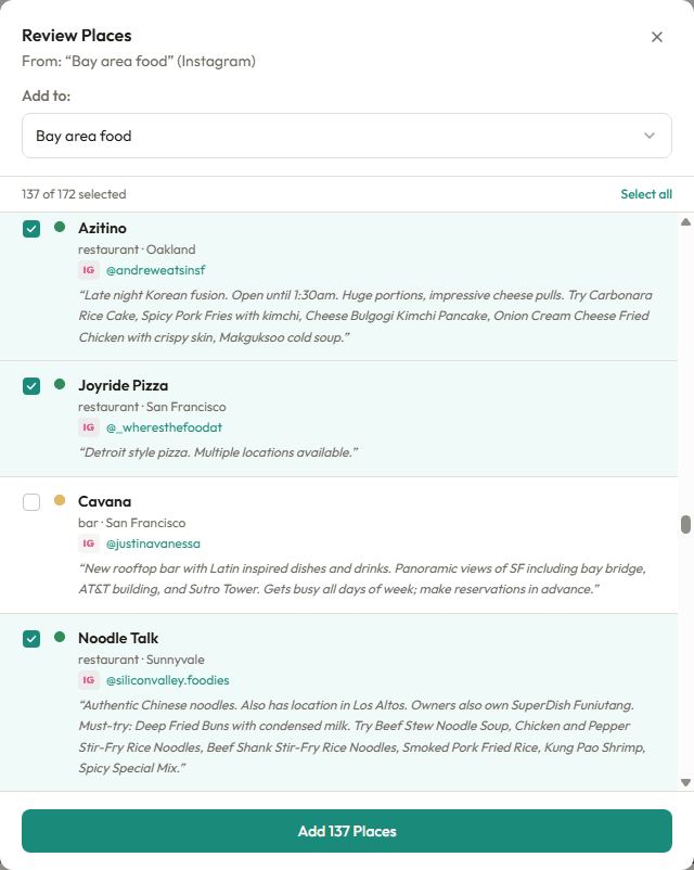 Review Places showing 137 restaurants extracted from saved posts